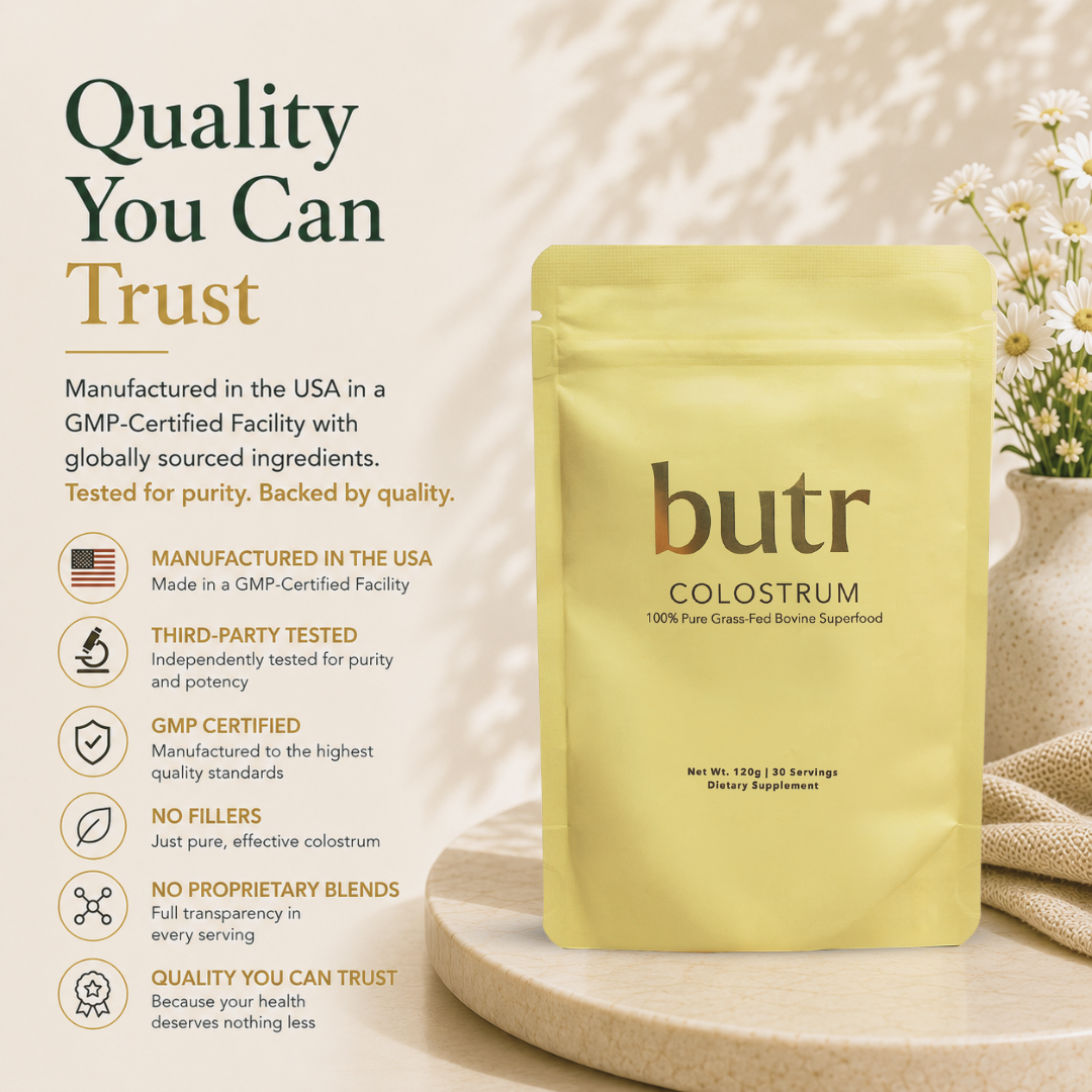 Butr Colostrum package with quality assurance text on a neutral background
