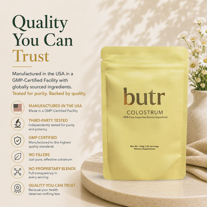Butr Colostrum package with quality assurance text on a neutral background