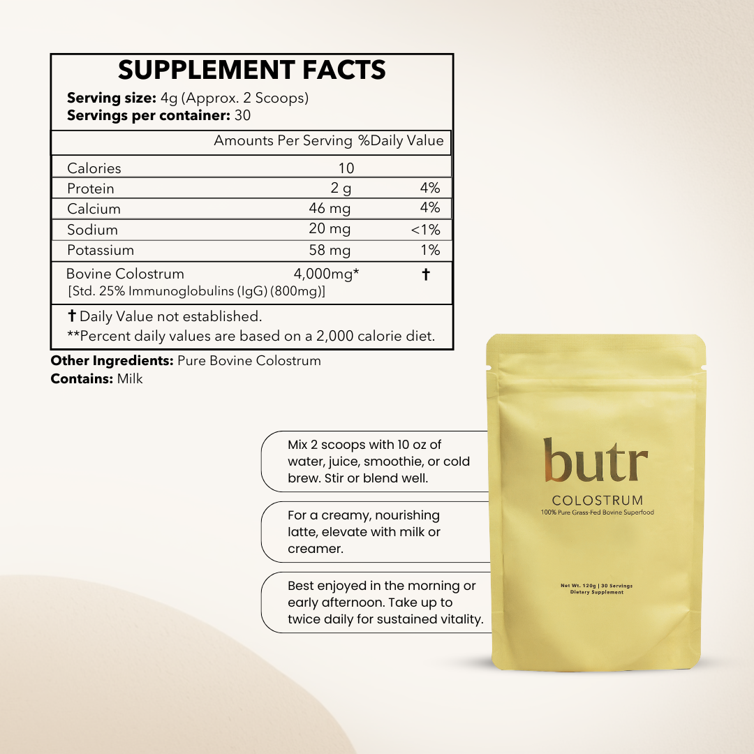 Butr Colostrum supplement packaging with supplement facts on a white background