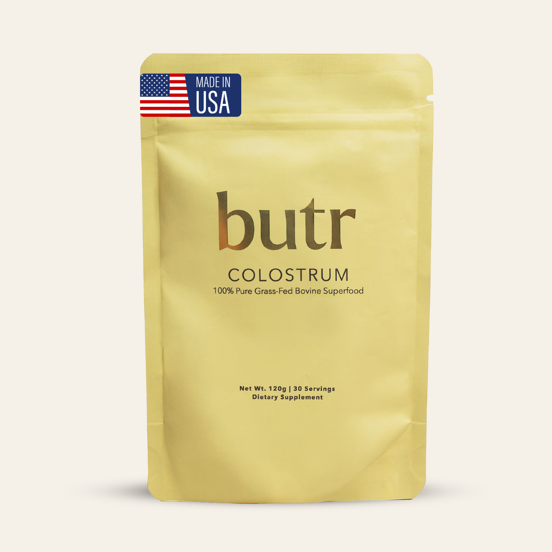 Butr colostrum package with 'Made in USA' label on a light gray background