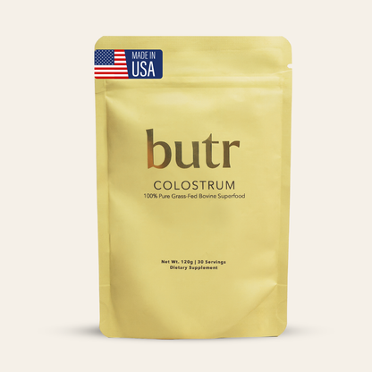 Butr colostrum package with 'Made in USA' label on a light gray background