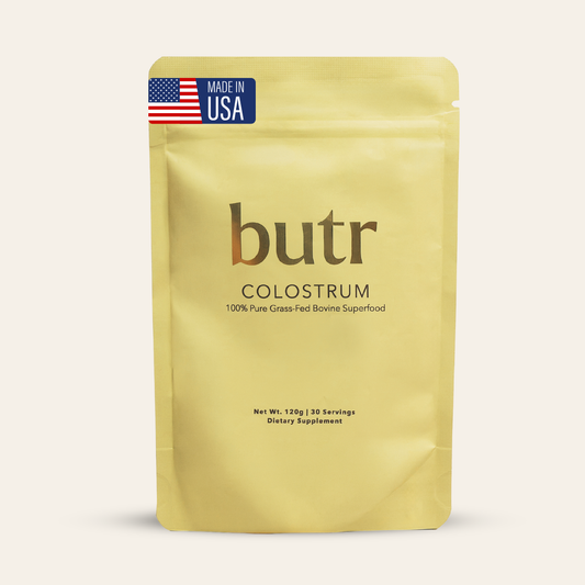 Butr colostrum package with 'Made in USA' label on a light gray background