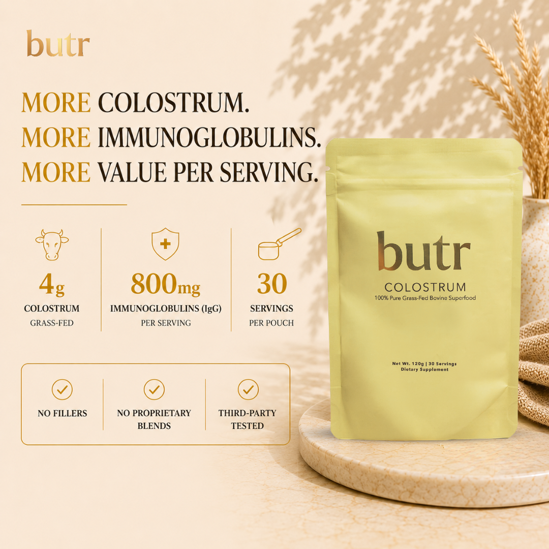 Butr colostrum package with product details on a beige background