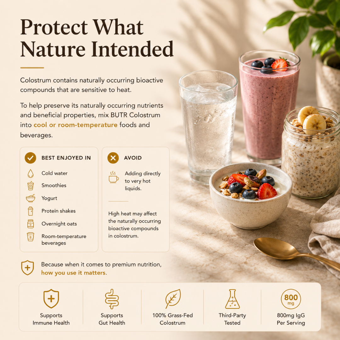 Colostrum product with smoothie, bowl of granola, and glass of water on a neutral background.