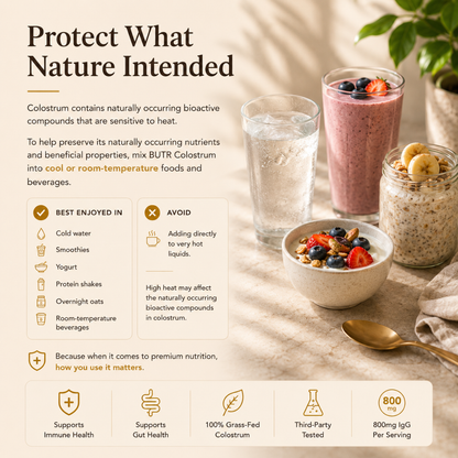 Colostrum product with smoothie, bowl of granola, and glass of water on a neutral background.