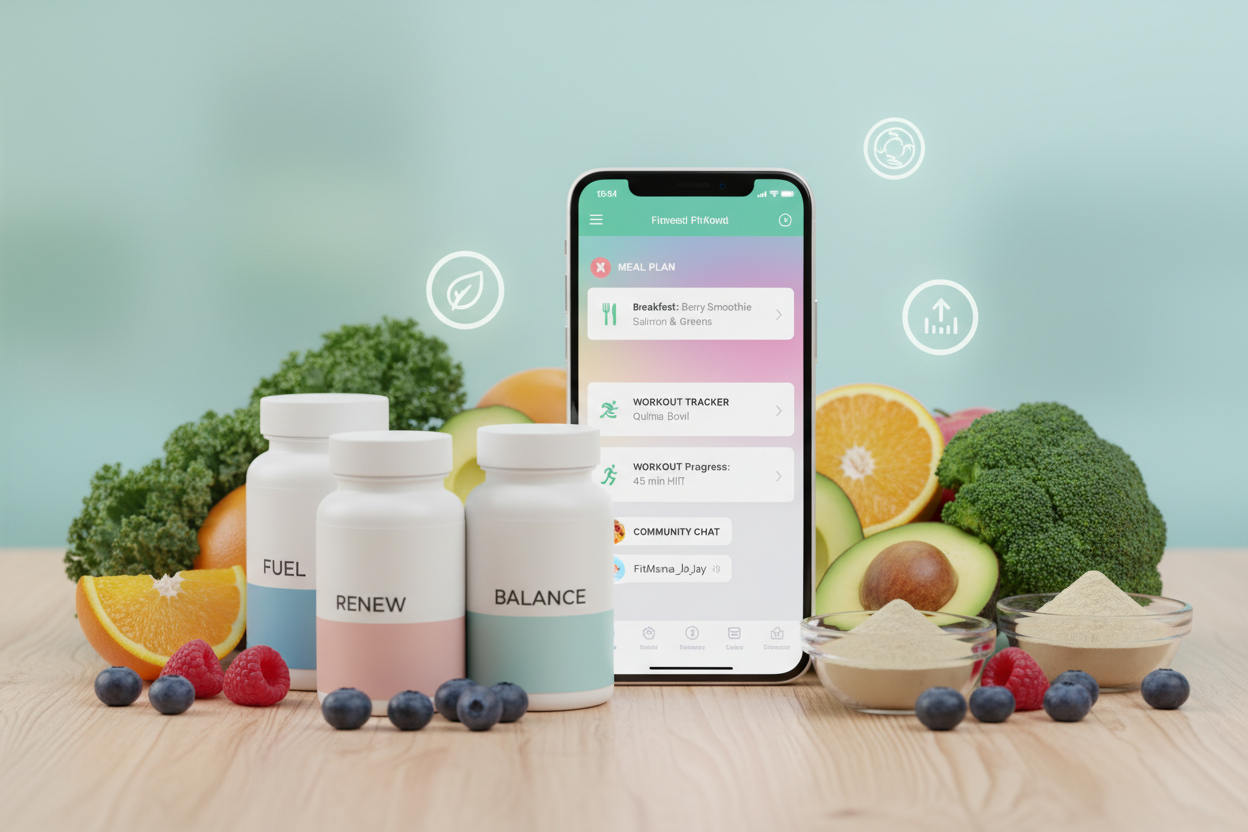 complete wellness ecosystem, supplements + fitness app with meal plans & community