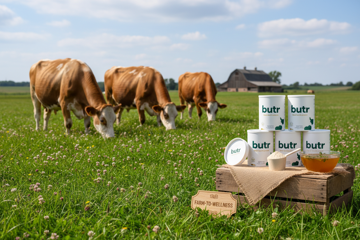 cows with butr bone broth protein powder, the name of the product is butr 
