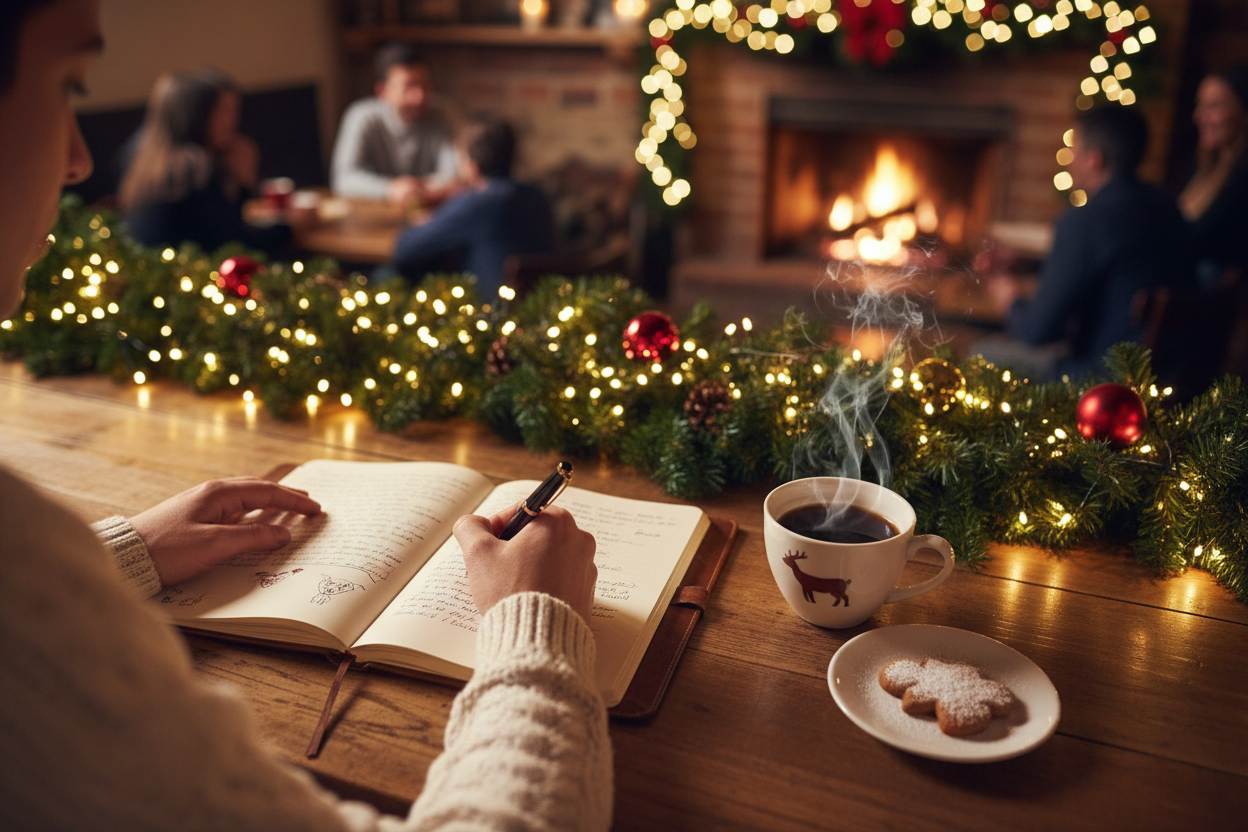 journaling with a cup of coffee during christmas in a warm cozy cafe
