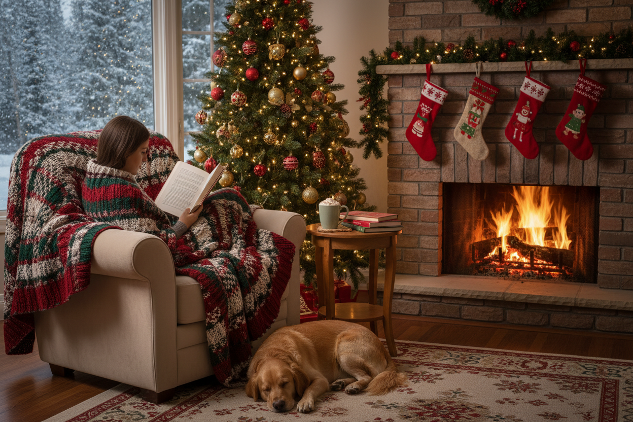 reading by a fire in a cozy place during christmas